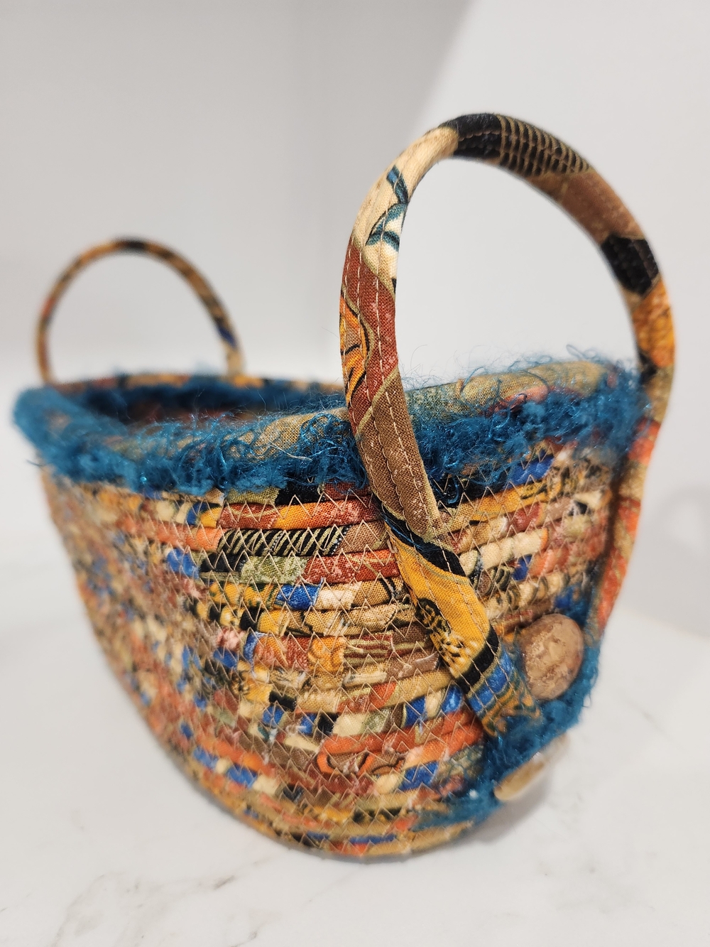 Handwoven Multicolor Fabric Basket  Teal Trim & Handles 9x4.5 Inches